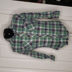 🤯3/$12 Vintage 1960s 1970s Green Blue Plaid Shirt Size Medium